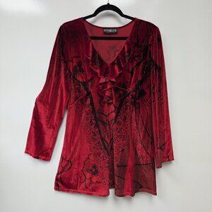 The Pyramid Collection Shirt Womens Large Red Floral Ruffle Tunic Top USA